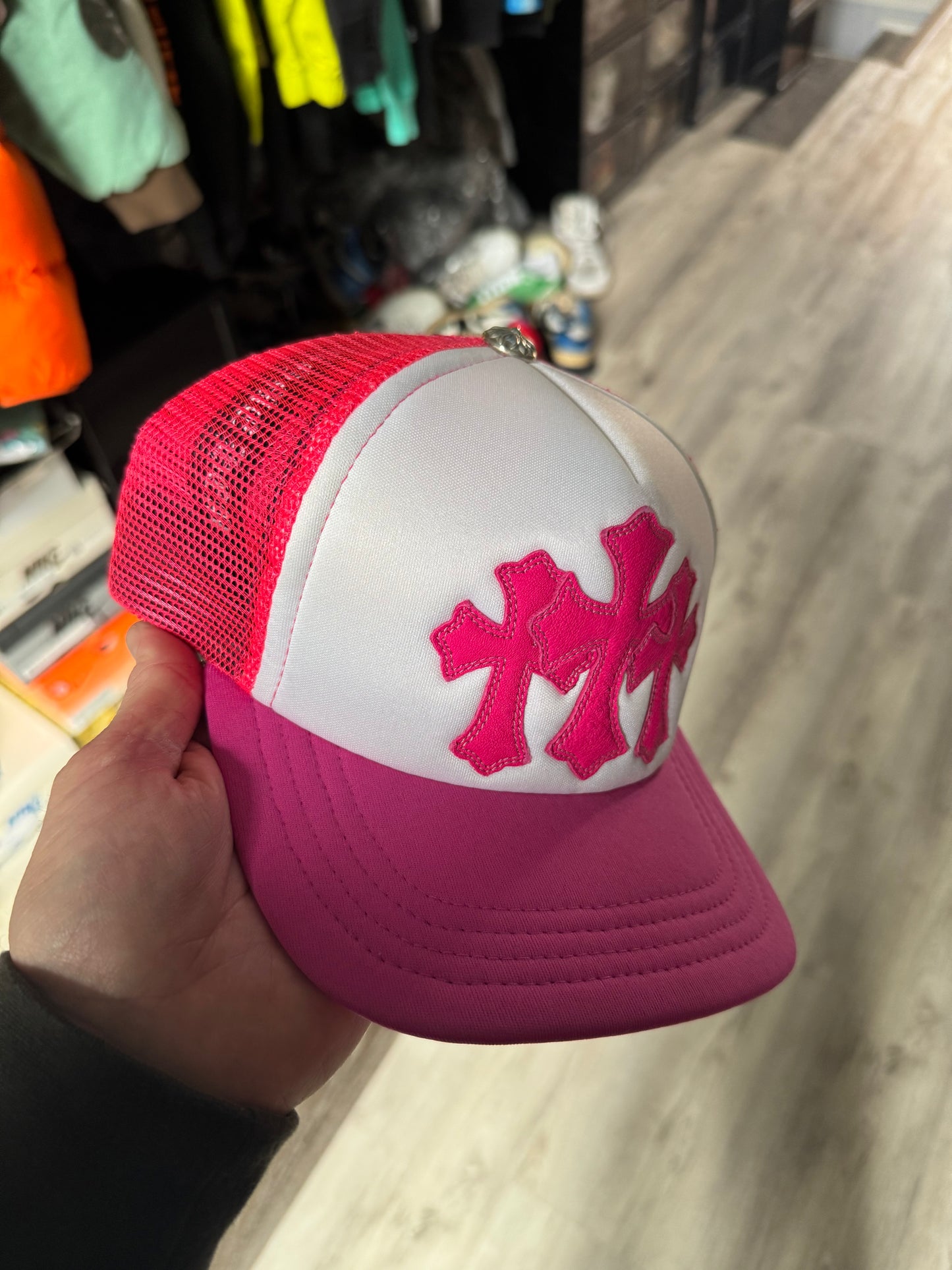 Chrome Hearts Trucker Cap 3 Cemetery Leather Patch Mesh Pink White
