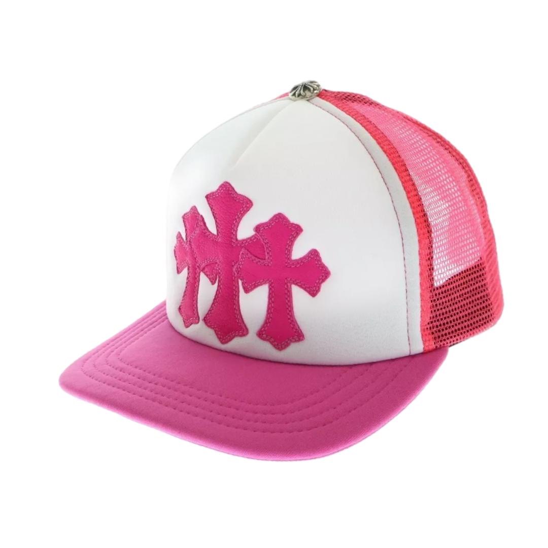 Chrome Hearts Trucker Cap 3 Cemetery Leather Patch Mesh Pink White