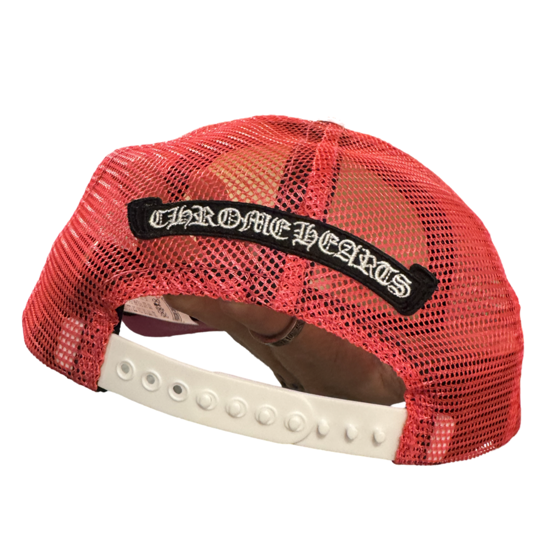 Chrome Hearts Trucker Cap 3 Cemetery Leather Patch Mesh Pink White