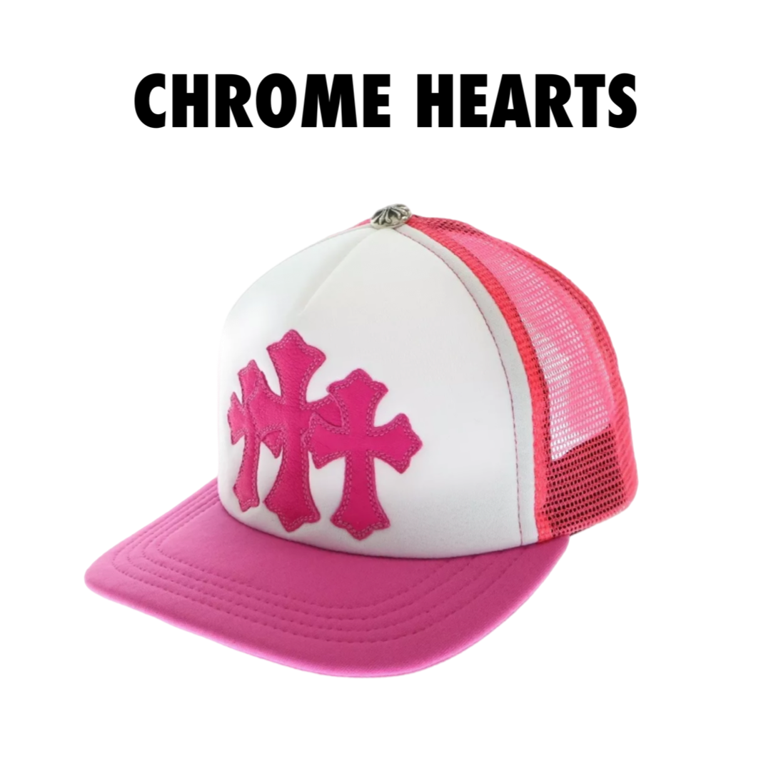 Chrome Hearts Trucker Cap 3 Cemetery Leather Patch Mesh Pink White