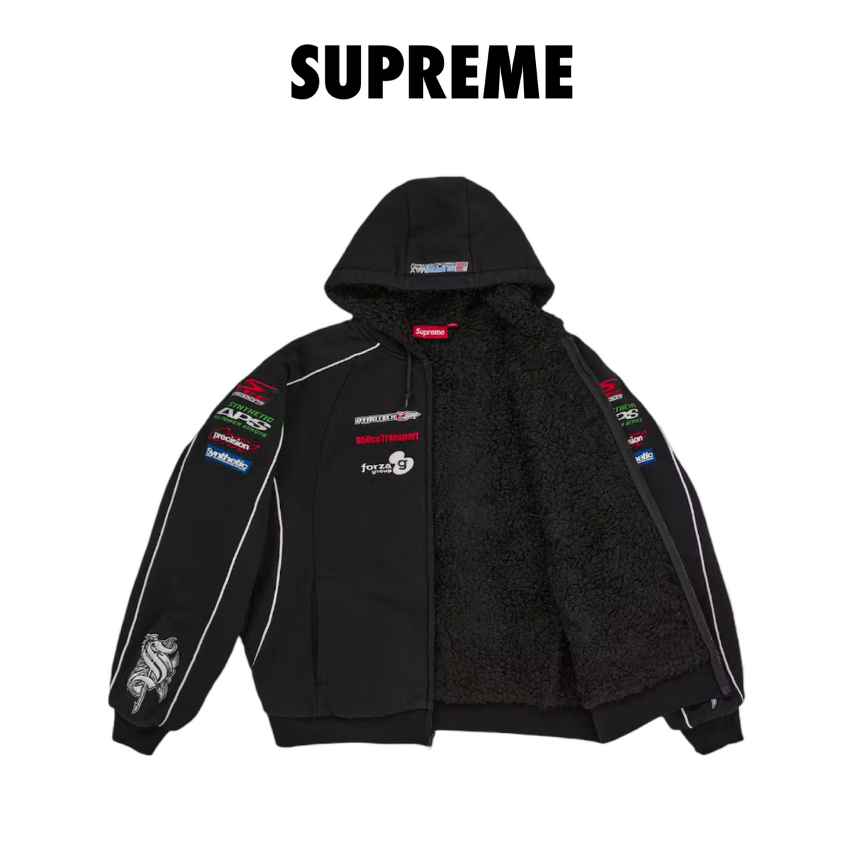 Supreme Racing Lined Zip Up Hooded Sweatshirt black