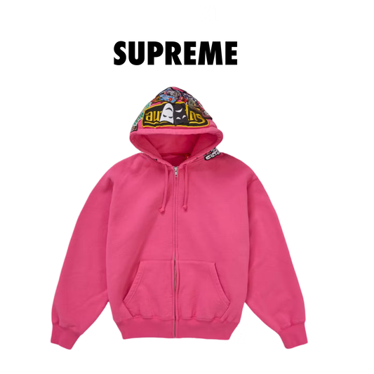 Supreme Patches Zip Up Hooded Sweatshirt pink