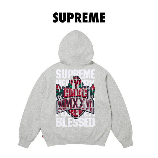 Supreme Blessed Applique Zip Up Hooded Sweatshirt Heather grey