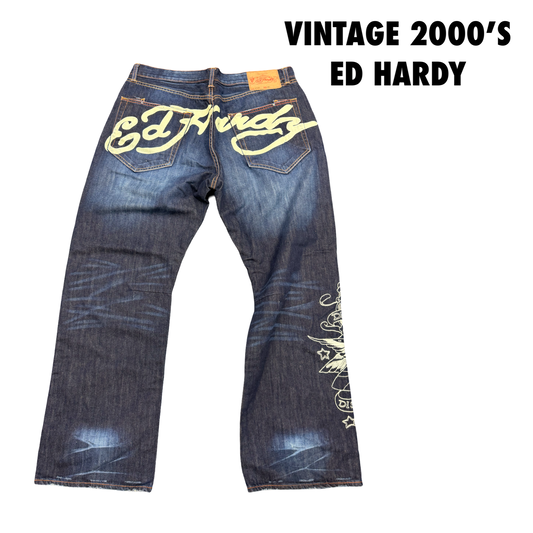 Vintage Ed Hardy By Christian Audigier jeans Denim  40 X34 Wide Leg 2000’s