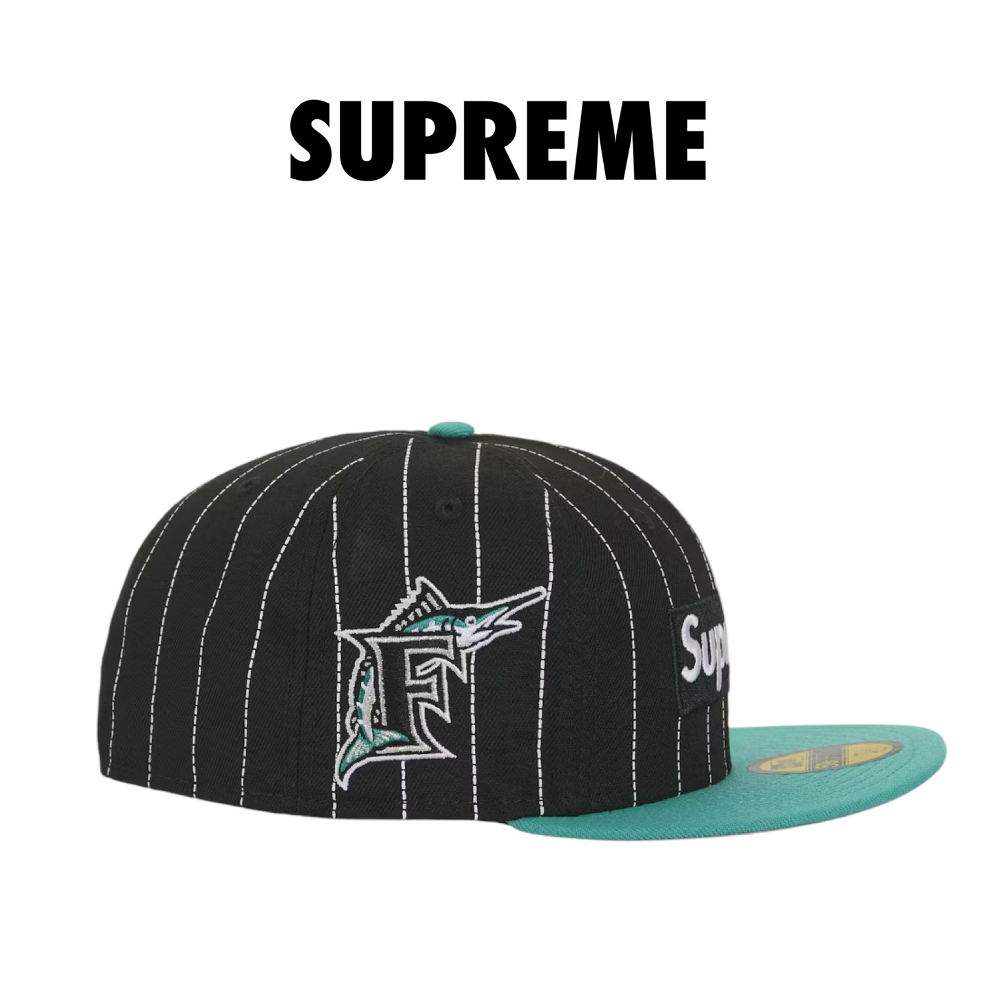 Supreme MLB Teams Box Logo New Era 59Fifty Cap Black Pinstripe Florida Marlins 7 1/4