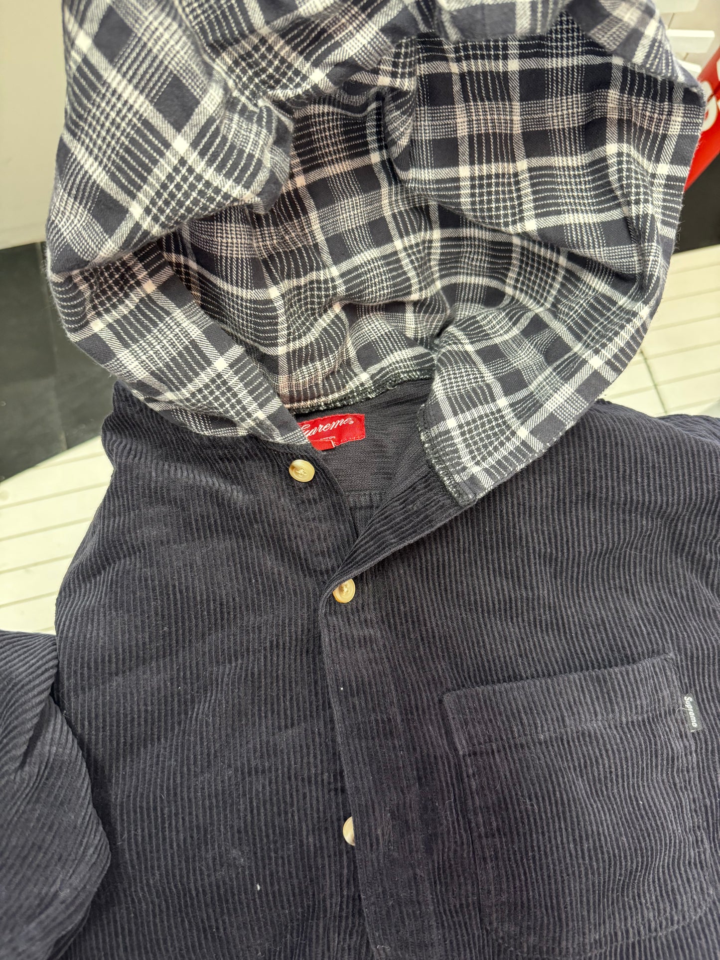 Supreme Hooded Color Blocked Corduroy Shirt Black/Gray
2018